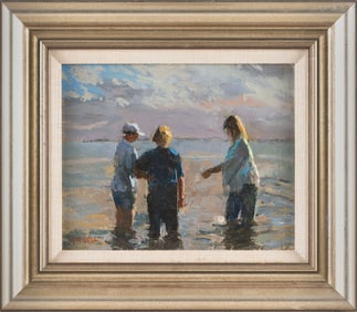 SUSAN GRISELL (Connecticut, 1946-), Three figures at the water's edge., Oil on board, 8" x 10".