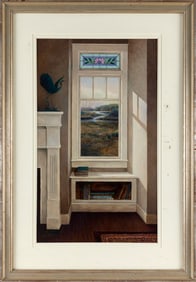JOHN M. STANDISH (Massachusetts, 1949-), Interior scene with a stained glass window overlooking a