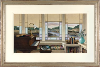 JOHN M. STANDISH (Massachusetts, 1949-), Interior scene with stained glass windows overlooking a