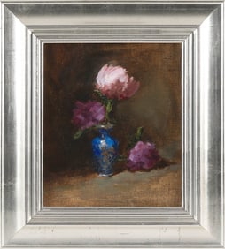 KAREN PHIPPS (Massachusetts, Contemporary), Still life of pink peonies in a blue vase., Oil on