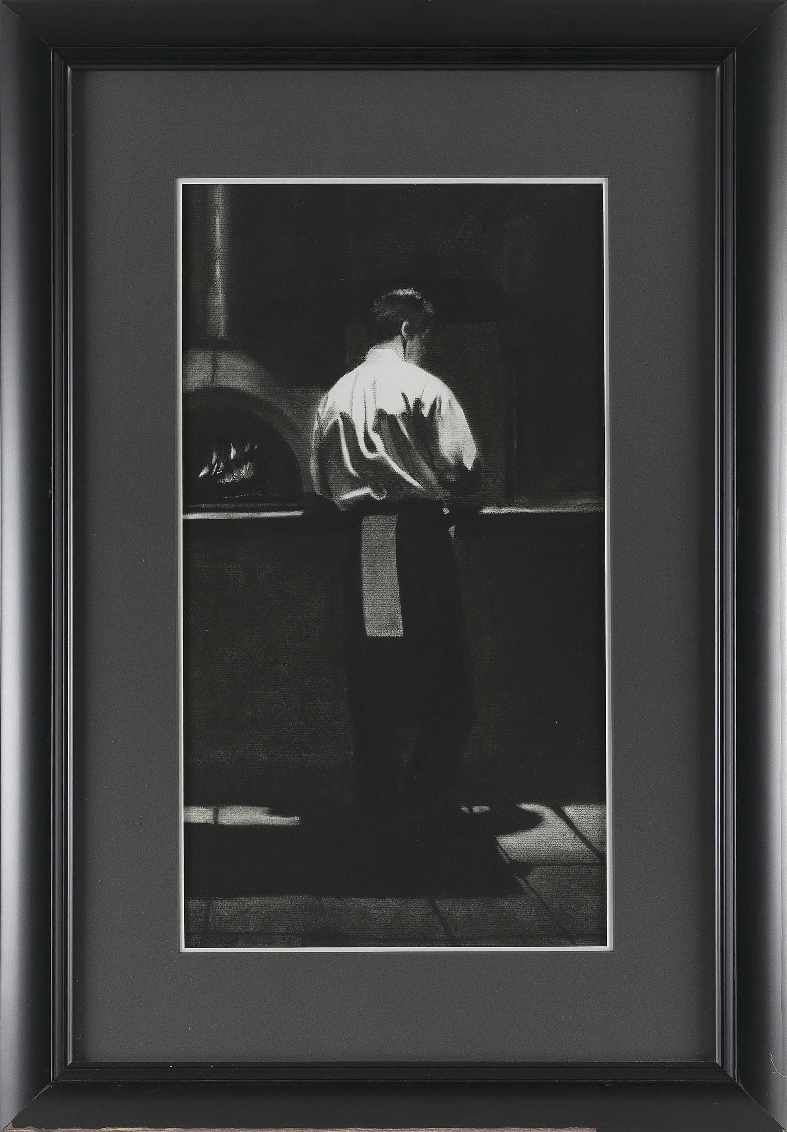 MARY FELTON (America, Contemporary), The waiter., Charcoal on paper, 20" x 11". Framed 30" x 20".: MARY FELTONAmerica, ContemporaryThe waiter. Signed lower right "Mary Felton". Academic Artists best in show.Charcoal on paper, 20" x 11". Framed 30" x 20".