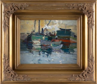 AMERICAN SCHOOL (Early 20th Century,), Impressionist harbor scene., Oil on board, 10.25" x 14".