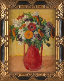 AMERICAN SCHOOL (20th Century,), Still life of flowers in a red vase., Oil on masonite, 16" x 12".