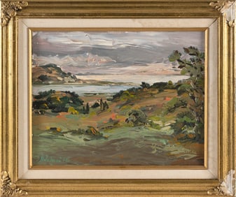 AMERICAN SCHOOL (Late 20th Century,), Looking down toward an ocean cove., Oil on canvas board, 11" x