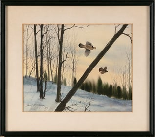 DAVID HAGERBAUMER (California/Illinois, 1921-2014), Two grouse in flight., Watercolor on paper, 8" x