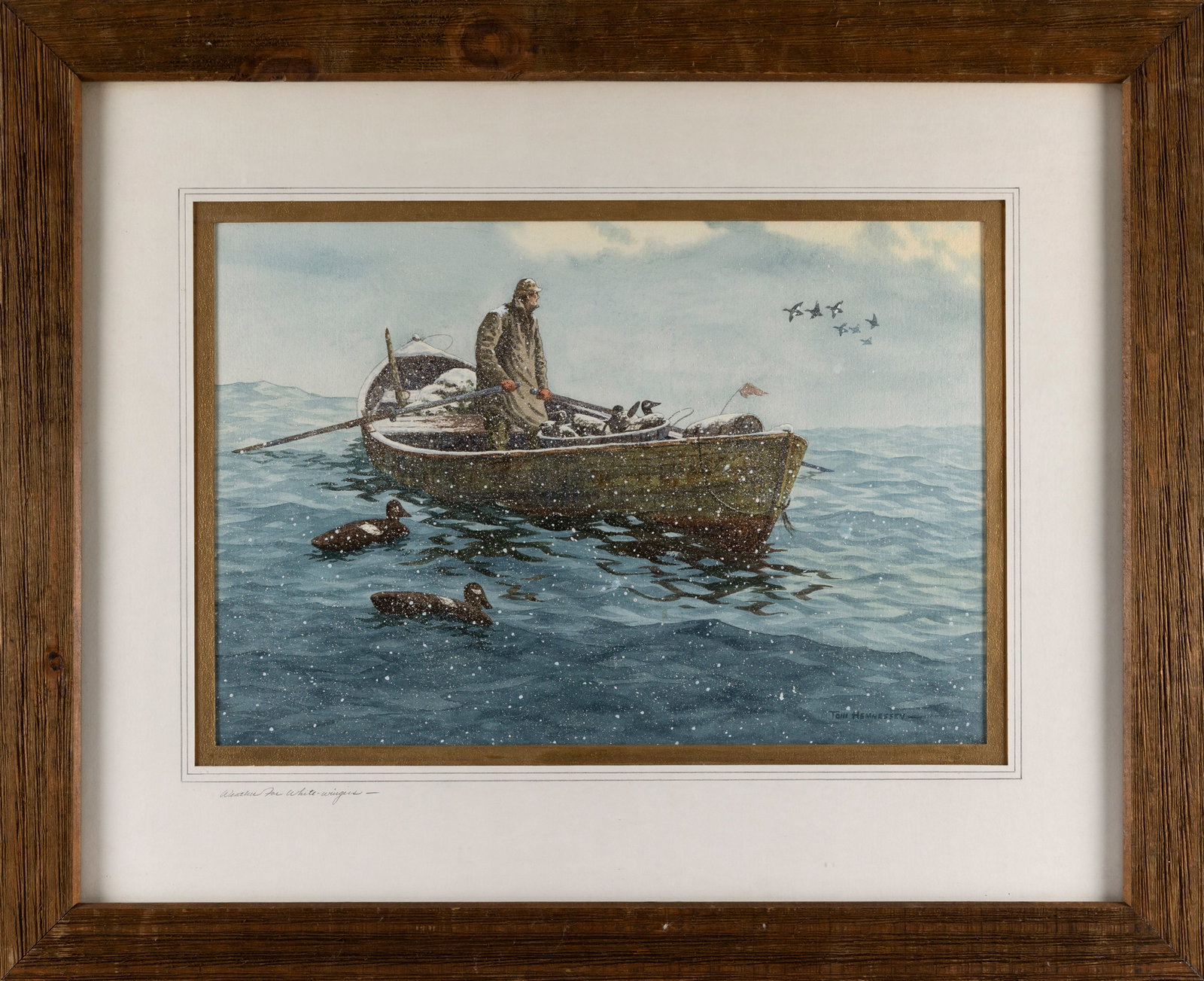 TOM HENNESSEY (Massachusetts, 1837-2018), "Weather for White Wingers"., Watercolor on paper, 15.5" x: TOM HENNESSEY Massachusetts, 1837-2018 "Weather for White Wingers". Signed lower right "Tom Hennessey". Titled on mat. Watercolor on paper, 15.5" x 23". Framed 29" x 36".