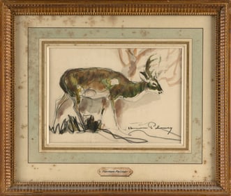 HERMAN PALMER (New York, 1894-1946), Lone buck., Charcoal and watercolor, 7.5" x 10.5". Framed 15.5"