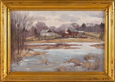 BERNARD COREY (Massachusetts, 1914-2000), Landscape with barns., Oil on masonite, 9" x 14". Framed