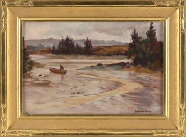 BERNARD COREY (Massachusetts, 1914-2000), Coastal landscape., Oil on masonite, 8" x 12". Framed 11"