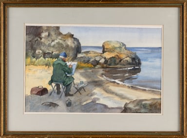 JOHN WENTWORTH (Massachusetts/California, 1898-1955), Artist painting at the seashore., Watercolor