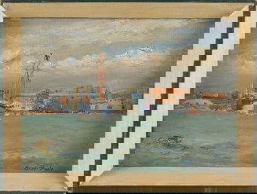 ALBERT F. (BERT) POOLE (Massachusetts, 1853-1939), Harbor scene., Oil on board, 6.5" x 9". Framed 8"
