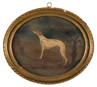 FOLK ART SCHOOL (19th Century,), Portrait of a dog, Oil on panel, oval 10" x 12". Framed 12" x 14".