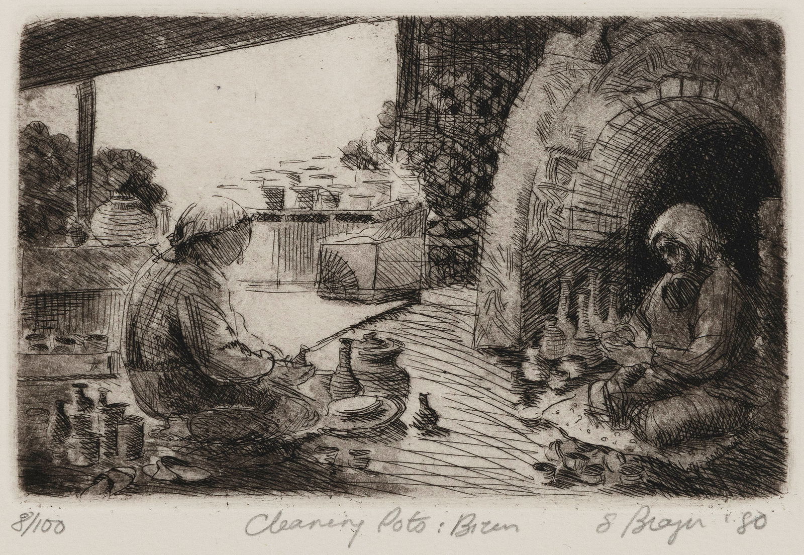 SARAH BRAYER (New York/Japan, 1957-), "Cleaning Pots: Bizen", 1980., Etching and aquatint, 3.25" x (1 of 2)