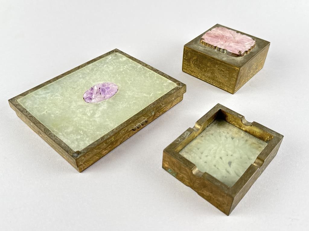 THREE CHINESE ENGRAVED BRASS AND CARVED JADE/QUARTZ SMOKING ACCESSORIES Mid-20th Century (1 of 4)