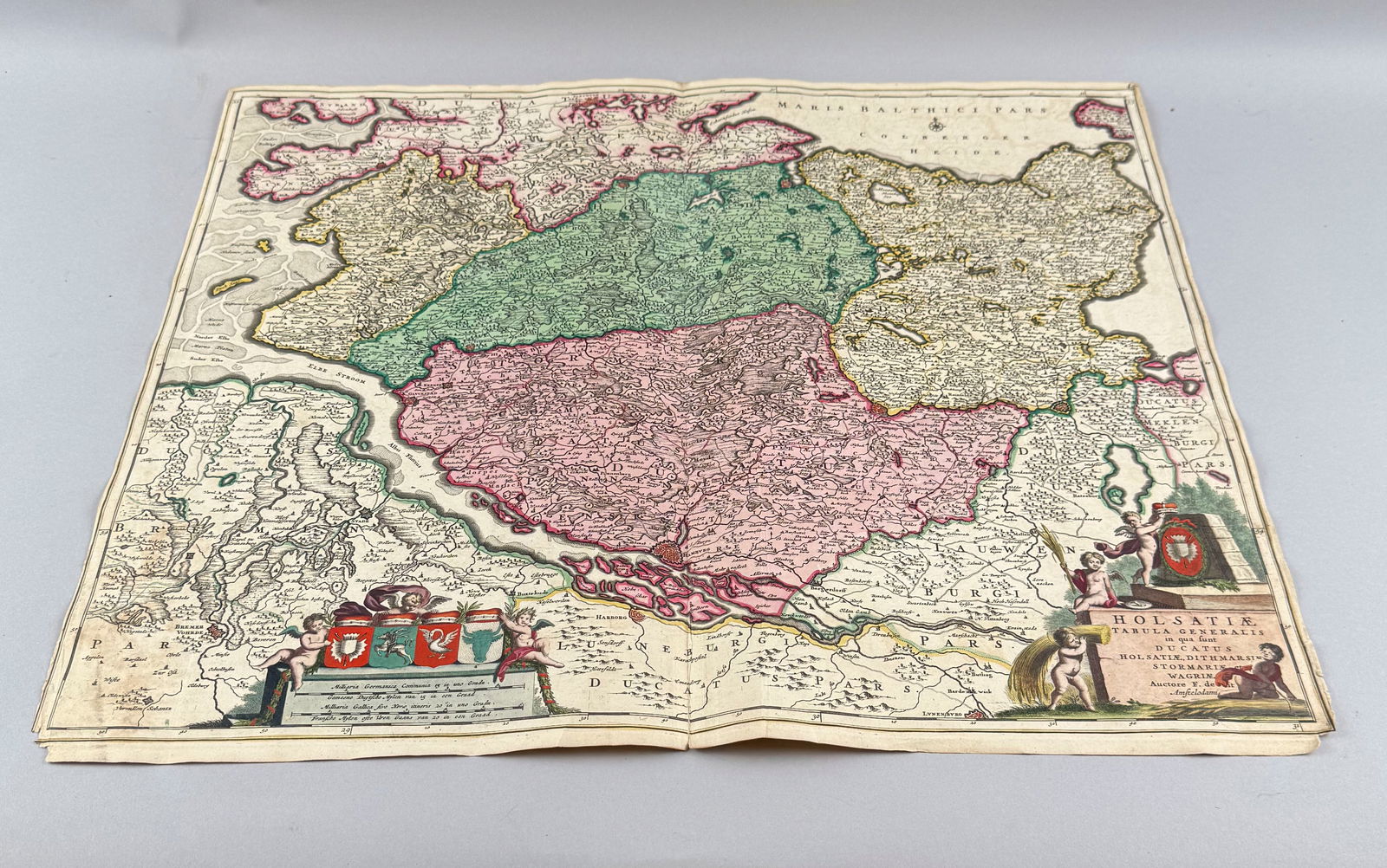 HAND-COLORED ENGRAVED MAP OF HAMBURG Late 17th Century 20.25" x 24". Unframed.: HAND-COLORED ENGRAVED MAP OF HAMBURGLate 17th Century"Holsatiae Tabula Generalis in qua sunt Ducatus Holsatiae". After Frederik DeWit.20.25" x 24". Unframed.