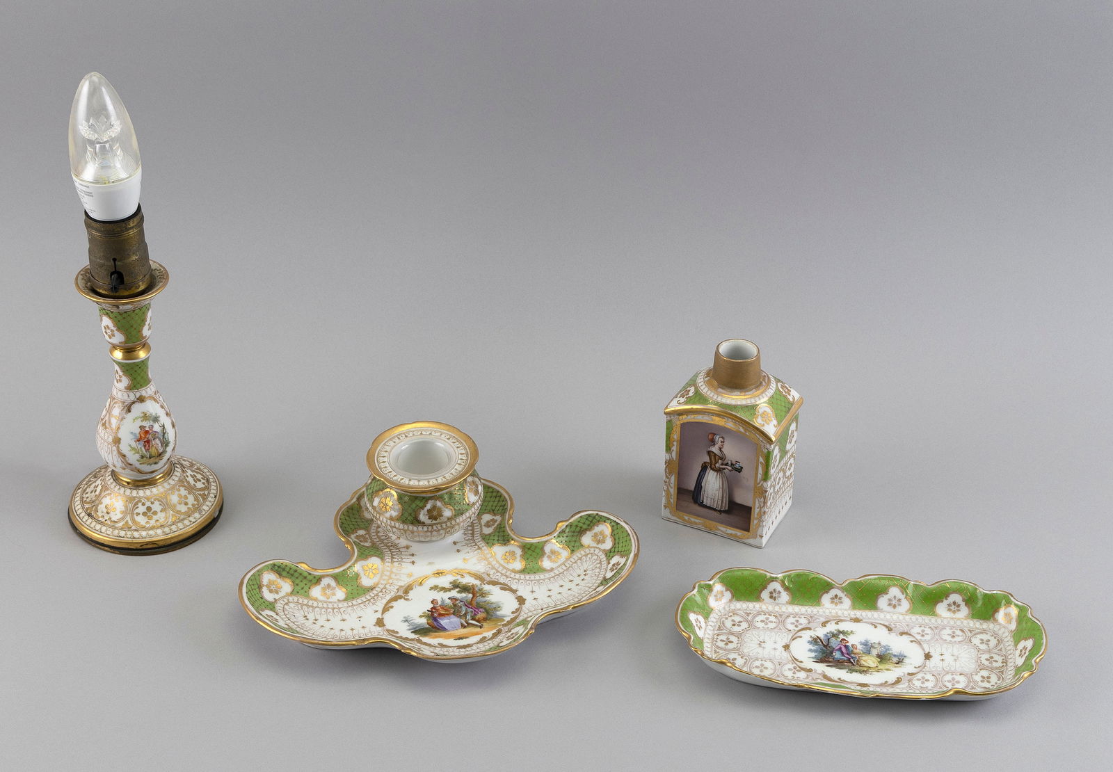 FOUR DRESDEN PORCELAIN VANITY ITEMS Canister height 4.75". (1 of 2)