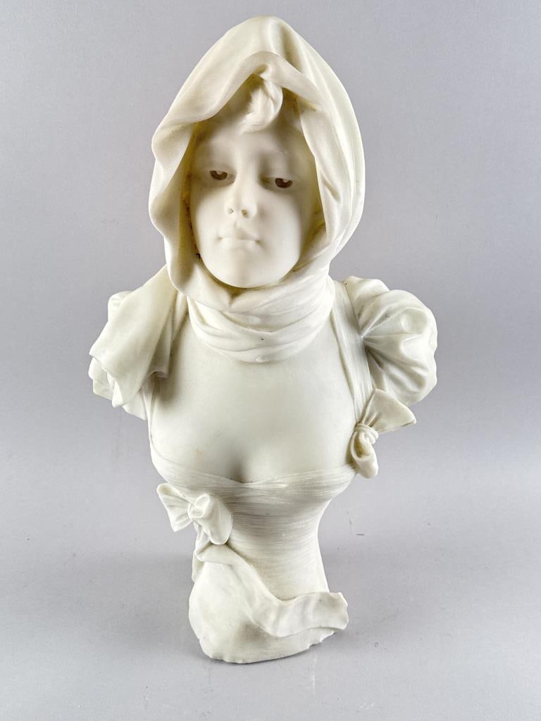 ANTONIO PIAZZA (Italy, 1875-1925), Bust of a young woman wearing a headscarf., White marble, height (1 of 3)