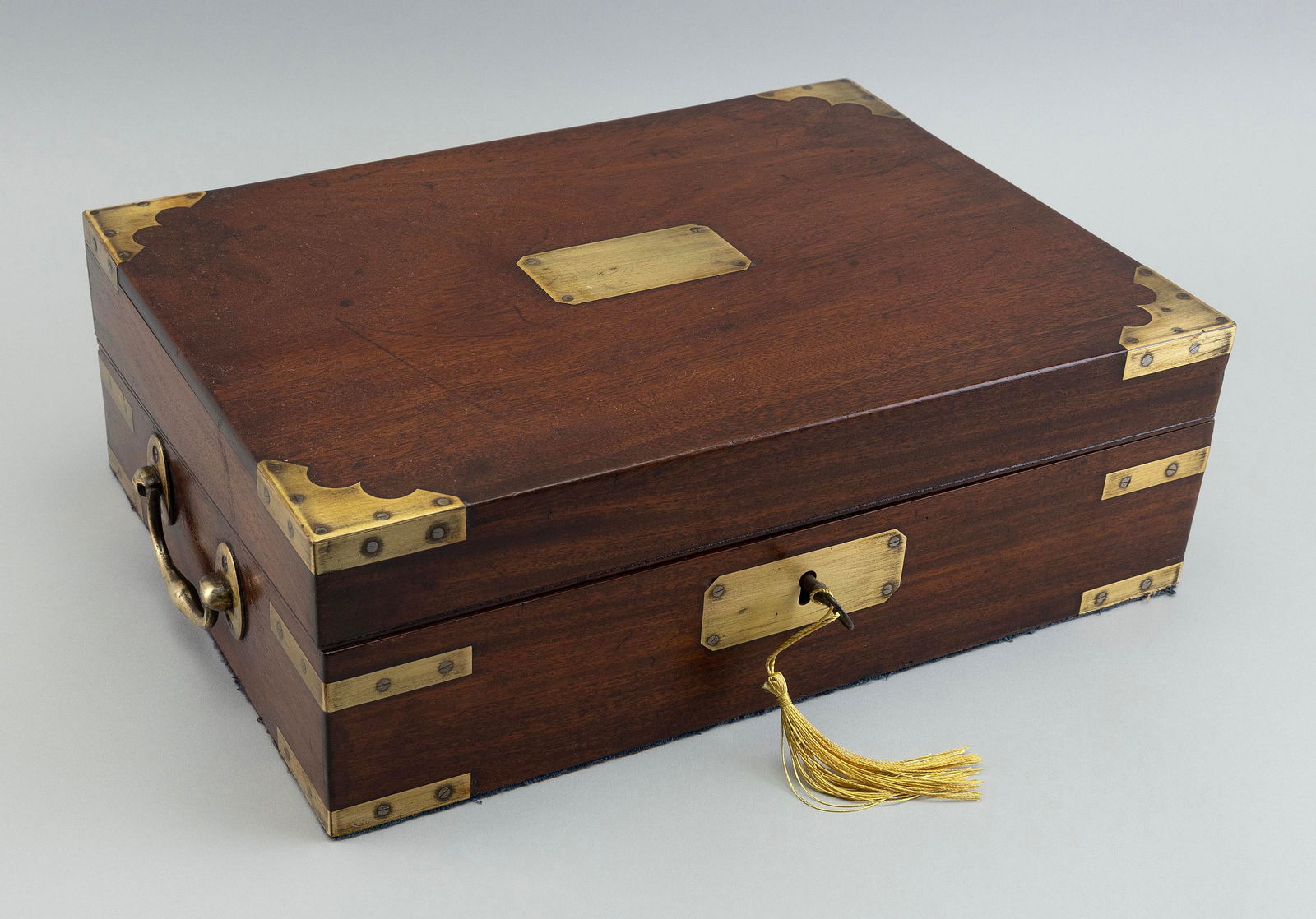 ENGLISH BRASS-BOUND MAHOGANY LAP DESK 19th Century Height 5". Width 14.5". Depth 10.5". (1 of 6)