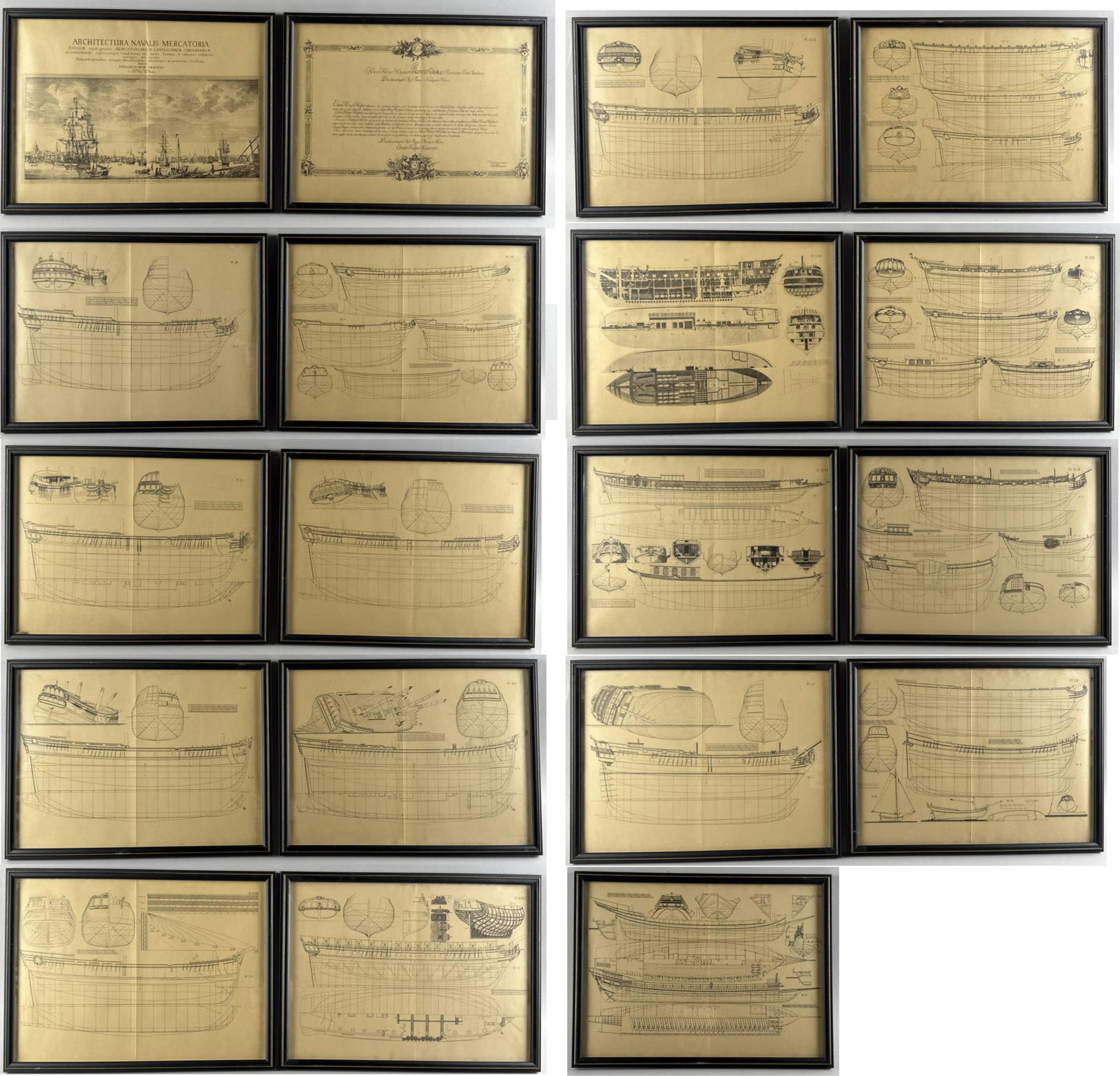 SET OF NINETEEN REPRINTS FROM "ARCHITECTURA NAVALIS MERCATORIA" Mid-20th Century Framed 15" x 19". (1 of 12)