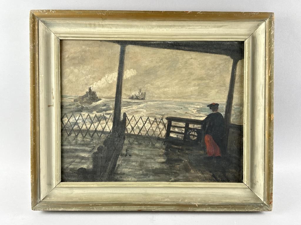 AMERICAN SCHOOL (20th Century,), Copy of John Sloan's (1875-1951) "Wake of the Ferry"., Oil on: AMERICAN SCHOOL20th CenturyCopy of John Sloan's (1875-1951) "Wake of the Ferry". Signed lower right illegibly "Leo H[...]".Oil on academy board, 14" x 18". Framed 18.5" x 22.5".