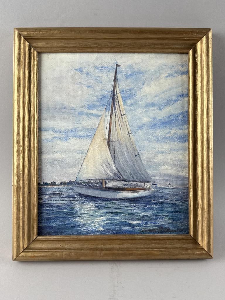 AMERICAN SCHOOL (Contemporary,), Portrait of a sailboat., Oil on masonite, 10" x 12". Framed 15" x (1 of 2)