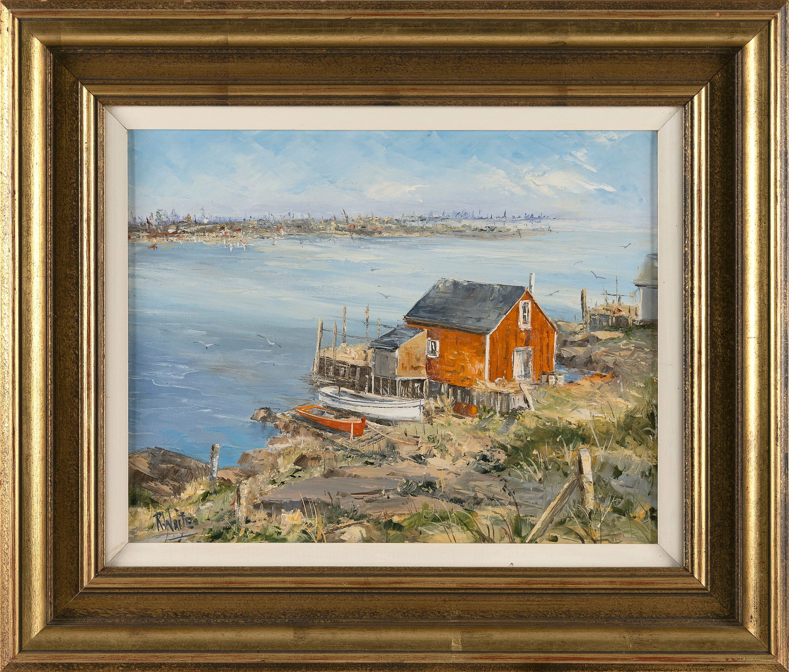 RUTH WAITE (Massachusetts, 1932-1992), "New Harbor"., Oil on canvas, 14" x 18". Framed 22" x 26". (1 of 2)