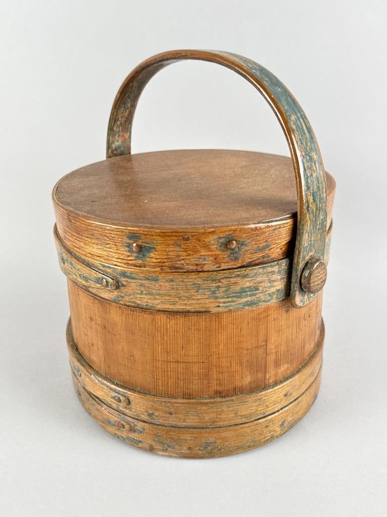 SIGNED PINE AND OAK COVERED FIRKIN Early 19th Century Height not including handle 7". Diameter at (1 of 3)