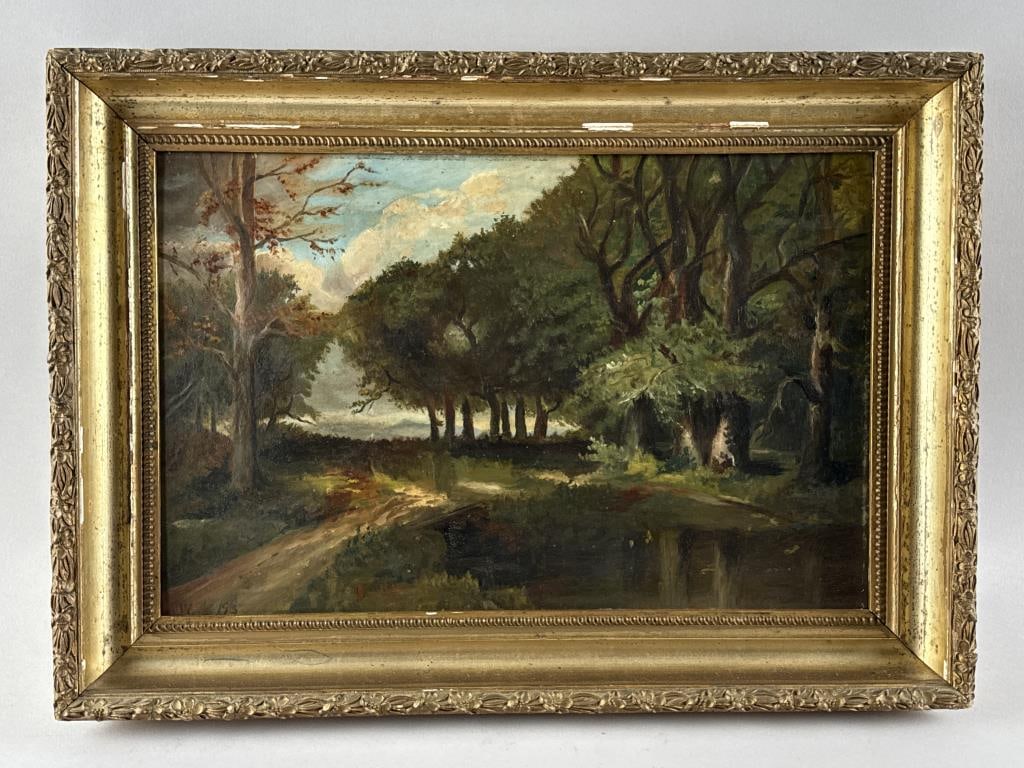 AMERICAN SCHOOL (19th Century,), Wooded landscape., Oil on cardboard, 12" x 18.5". Framed 16" x (1 of 2)