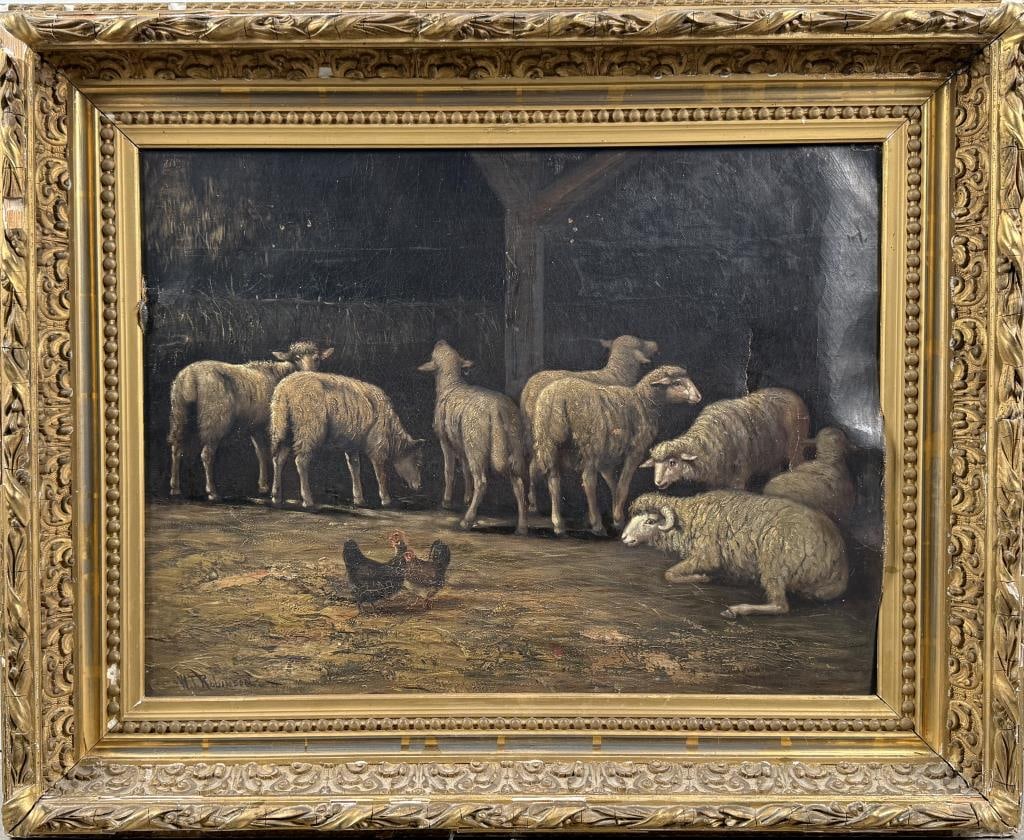 WILLIAM T. ROBINSON (Massachusetts, 1952-1934), Sheep and chickens in a barn., Oil on canvas, 18" x (1 of 2)