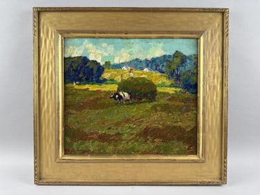 HENRY RYAN MACGINNIS (New Jersey/Indiana/Vermont, 1875-1962), Field with hay wagon and cows., Oil on