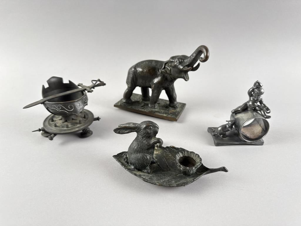 FOUR BRONZE AND SILVER PLATED COLLECTIBLES 19th and 20th Centuries (1 of 3)