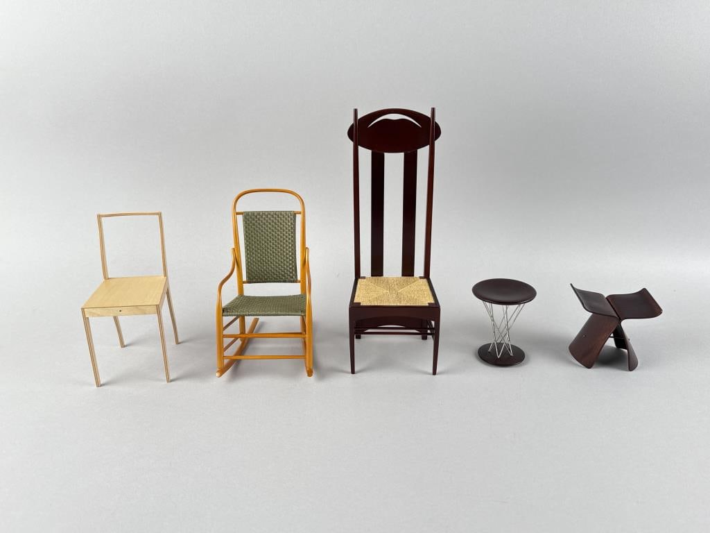 FIVE PIECES OF VITRA DESIGN MUSEUM MINIATURE FURNITURE 20th Century Heights from 2.5" to 9". (1 of 3)