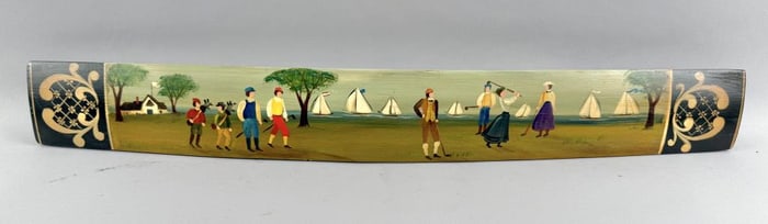 GOLFING SCENE PAINTED ON A BARREL STAVE Late 20th Century 4.5" x 34.5".