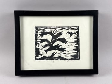 MARY BRACY MARTIN (Maine, 1927-2021), "Flight"., Woodcut on paper, 5.5" x 7.5" sight. Framed 10.5" x