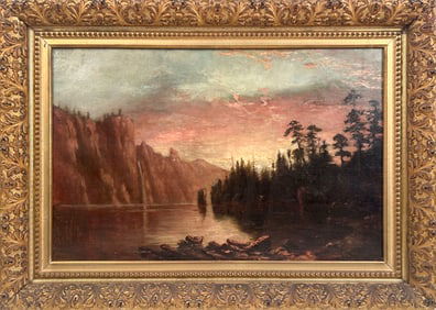 AMERICAN SCHOOL (19th Century,), Sunset over a cliff-lined river., Oil on canvas, 16" x 25". Framed