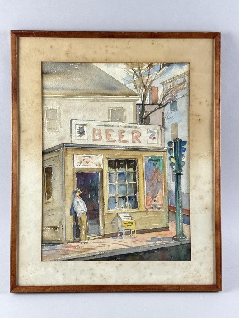 GIBBY GRAVES (America, 20th Century), "Whiskey Point" depicting a figure standing outside a liquor: GIBBY GRAVES America, 20th Century "Whiskey Point" depicting a figure standing outside a liquor store. Signed on back "Gibby Graves" and dated "June 1, 1958". Watercolor on paper, 15" x 12" sight. Fra