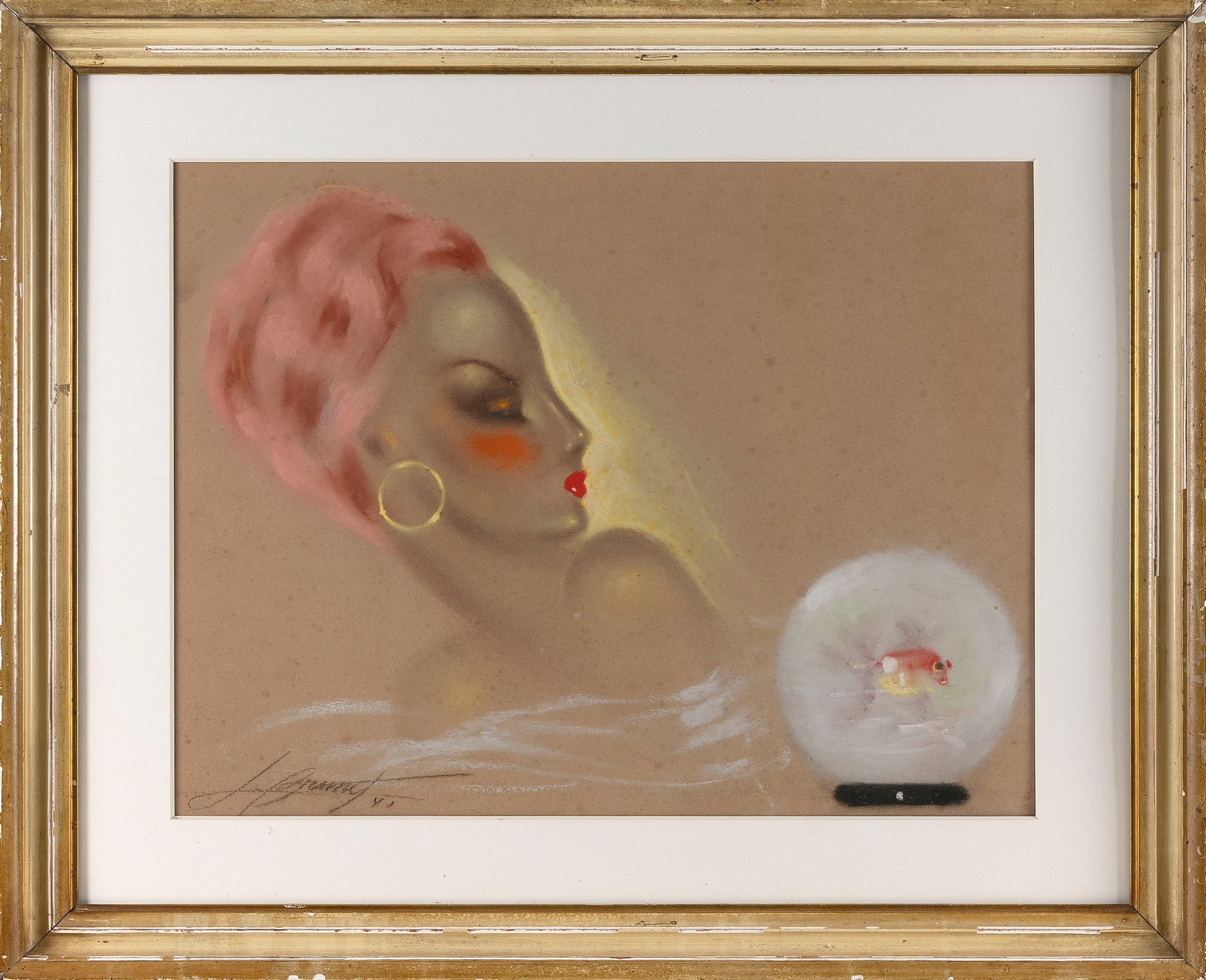 PAINTING OF A FORTUNE TELLER WITH A GOLDFISH Dated 1941 Pastel on paper, 18" x 23" sight. Framed 27" (1 of 2)
