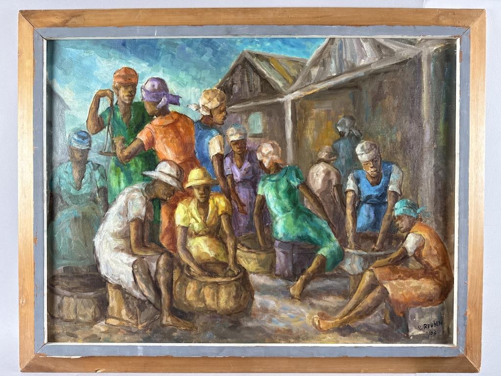 V. REUBEN (Jamaica, 20th Century), Village scene., Oil on panel, 24" x 32". Framed 29" x 37".: V. REUBEN Jamaica, 20th Century Village scene. Signed lower right "V. Reuben" and dated 1963. Oil on panel, 24" x 32". Framed 29" x 37".