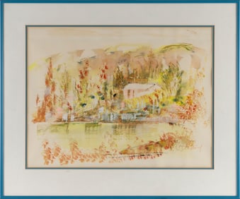 ALFRED BIRDSEY (Bermuda, 1912-1996), Cabin by the lake., Watercolor on paper, 16" x 20.5" sight.