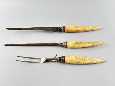 NORTHWEST COASTAL CUTLERY SET WITH WALRUS IVORY HANDLES Early 20th Century Lengths from 13" to 18".