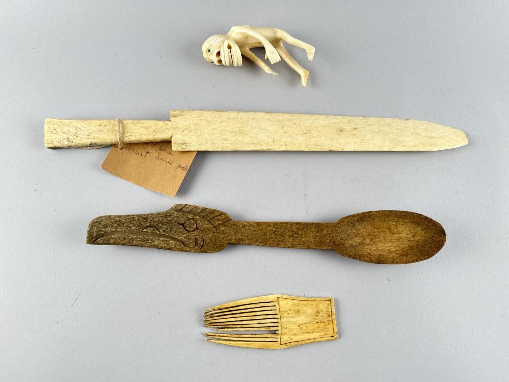 FOUR NORTHWEST COASTAL WHALEBONE CARVINGS 19th Century Lengths from 5.5" to 18". (1 of 2)