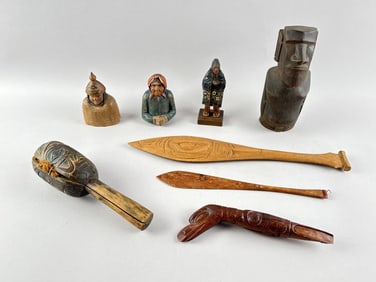 EIGHT MOSTLY NORTHWEST COASTAL WOOD CARVINGS 19th/20th Century Lengths from 4" to 17".