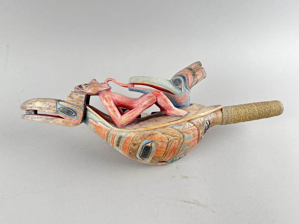 NORTHWEST COASTAL CARVED DANCE RATTLE 20th Century Length 18". (1 of 3)