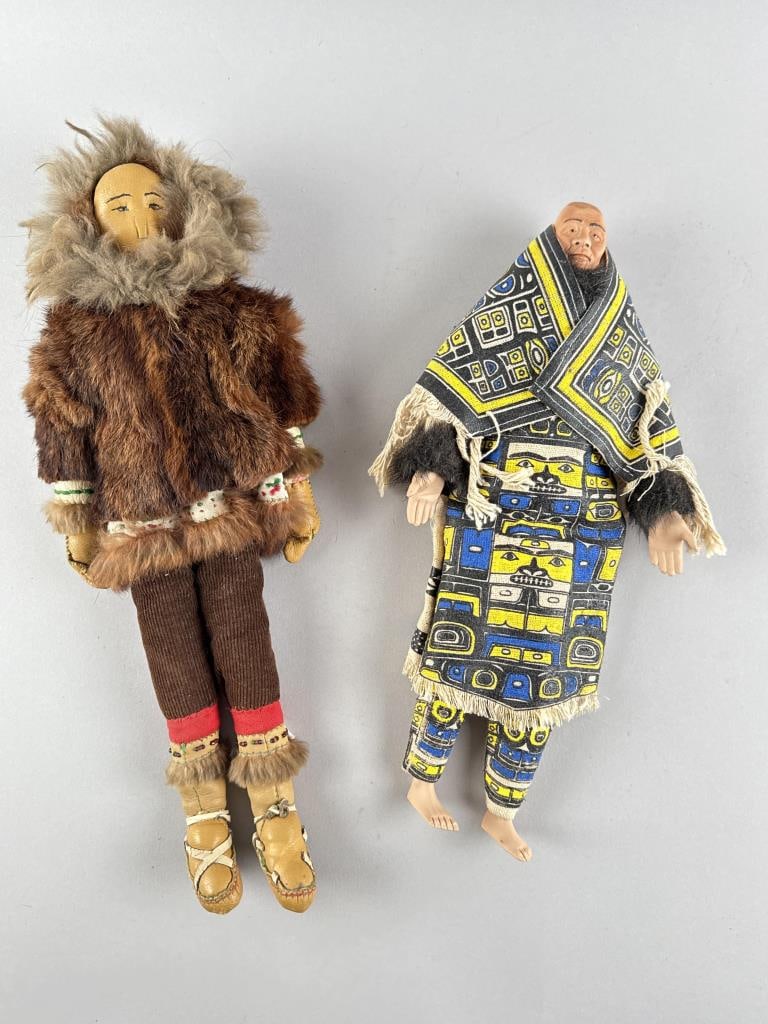 TWO NORTHWEST COASTAL COMPOSITION AND CLOTH DOLLS 20th Century Heights 13" and 15". (1 of 3)