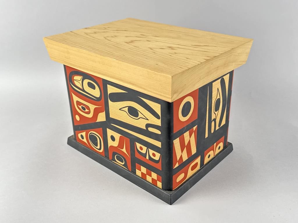 STEVE SMITH (Canada, 1968-), "Chilkat Inspired" painted wooden box., Height 8.75". Width 11". Depth (1 of 3)