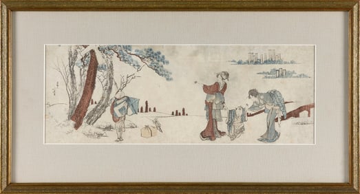 KATSUSHIKA HOKUSAI (Japan, 1760-1849), Boy Releasing a Kite., Woodblock print, 7" x 19.5" sight.