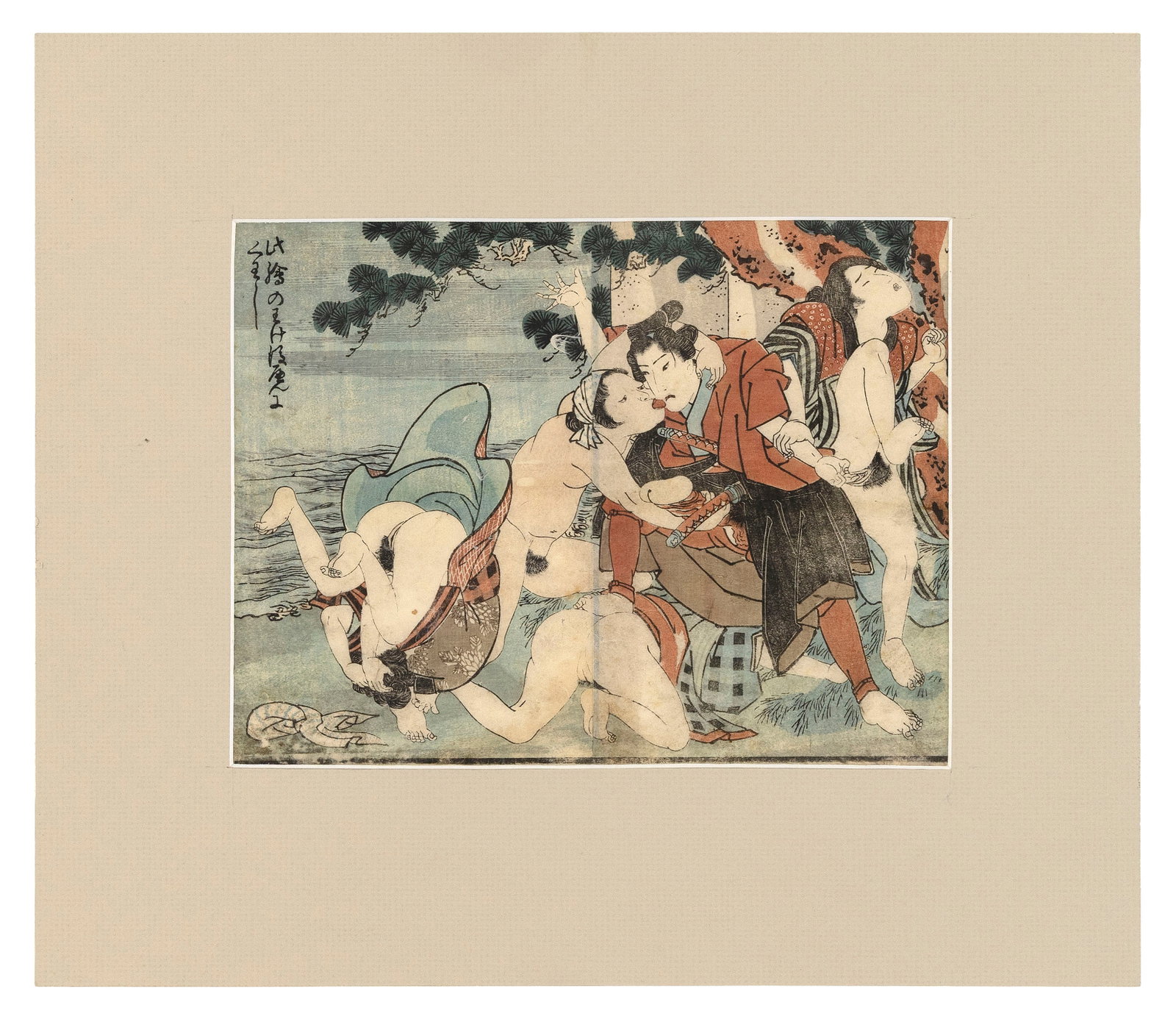 UTAGAWA KUNISADA (Japan, 1786-1864), Shunga print: Island of Delight., Woodblock print, 8.5" x 10".: UTAGAWA KUNISADA Japan, 1786-1864 Shunga print: Island of Delight. Woodblock print, 8.5" x 10". Matted 12.5" x 14.5". Unframed.