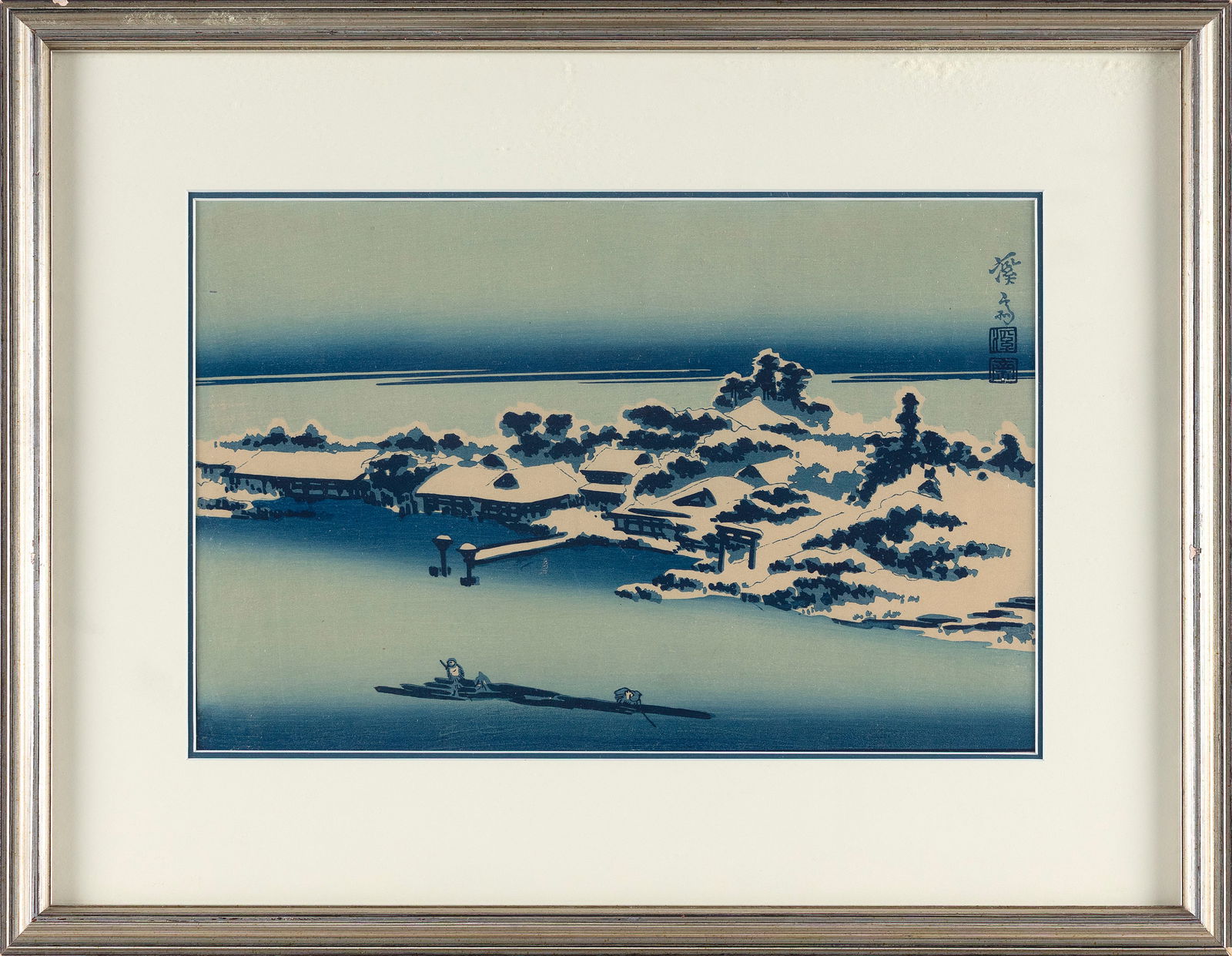 KEISAI EISEN (Japan, 1790-1848), Snow on the Sumida River., Woodblock print, oban yoko-e, 9.5" x 14": KEISAI EISENJapan, 1790-1848Snow on the Sumida River. Woodblock print, oban yoko-e, 9.5" x 14" sight. Framed 16" x 21".