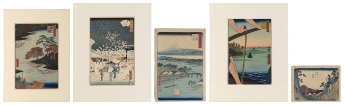 UTAGAWA HIROSHIGE (Japan, 1797-1858), Five landscapes, some with figures., Woodblock prints, most