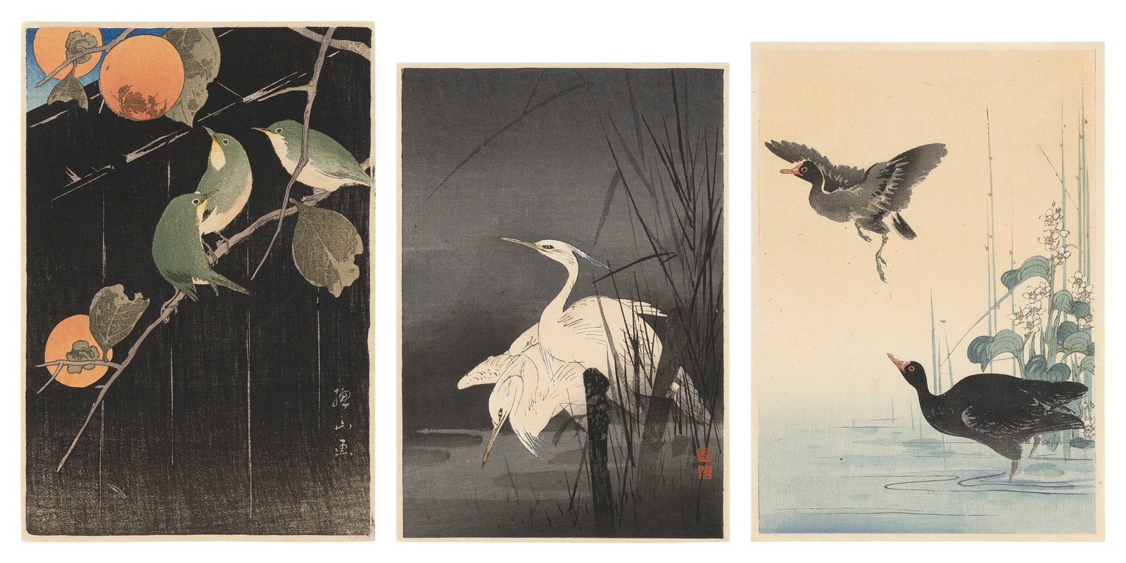ITO SOZAN (Japan, 1884-1926), Three bird studies:, Woodblock prints, approx. 9.5" x 7". Unframed.: ITO SOZAN Japan, 1884-1926 Three bird studies: 1) Egrets. 2) Spring Water Birds. 3) Birds in a Persimmon Tree. Woodblock prints, approx. 9.5" x 7". Unframed.